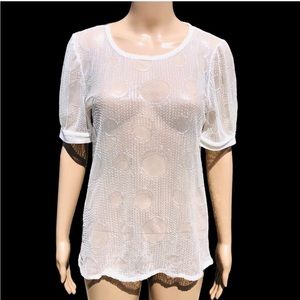 Eva Franco White Russian sheer top with circle pattern & sequins Sz L